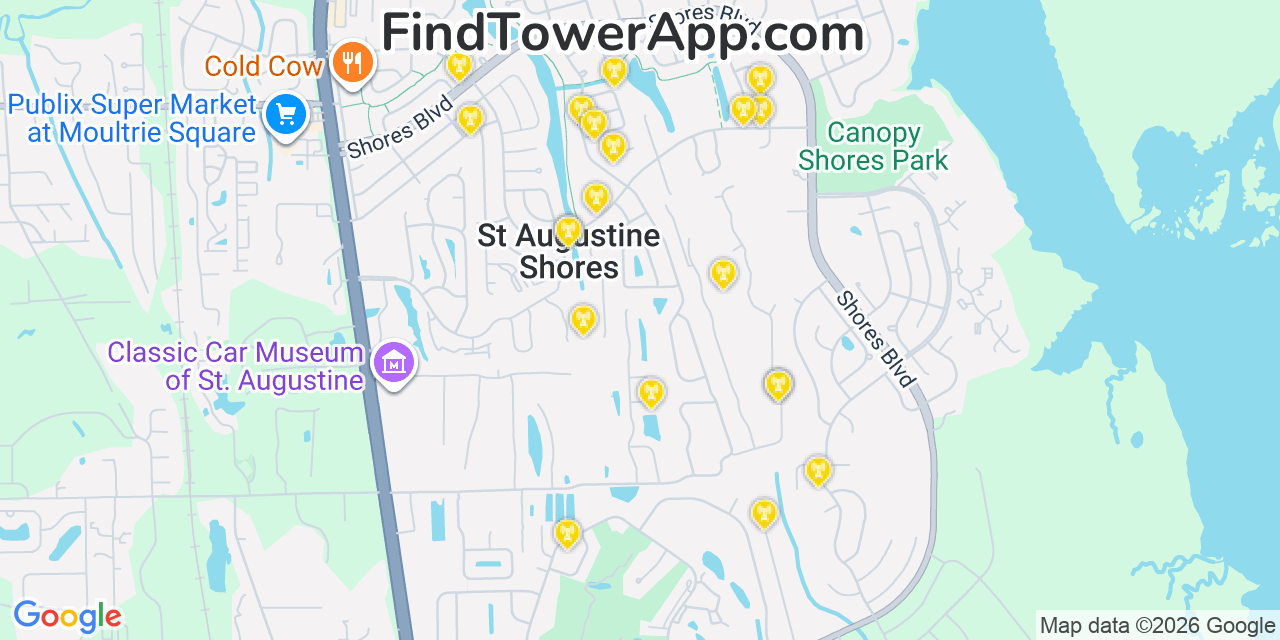 Map showing the 20 primary cell tower locations detected in Saint Augustine Shores, Florida from AT&T, Verizon, and T-Mobile networks