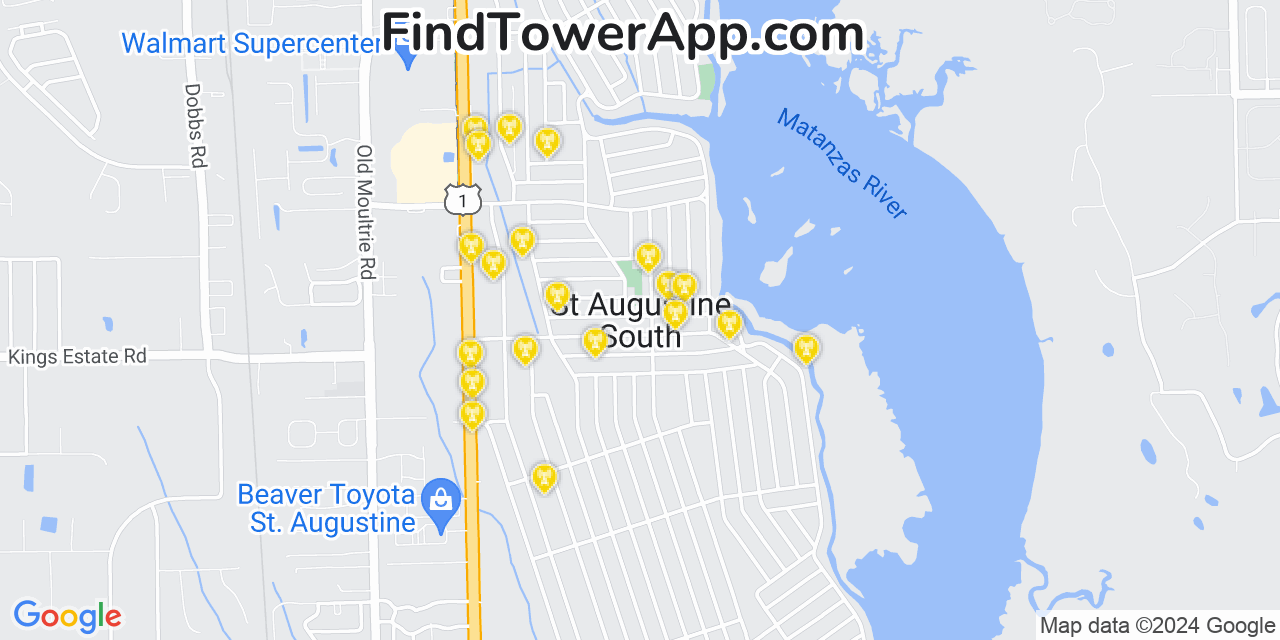 AT&T 4G/5G cell tower coverage map Saint Augustine South, Florida