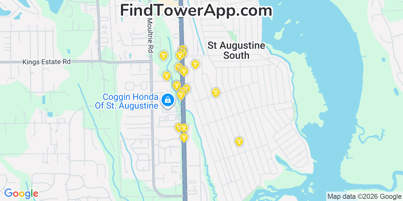 Map showing the 20 primary cell tower locations detected in Saint Augustine South, Florida from AT&T, Verizon, and T-Mobile networks