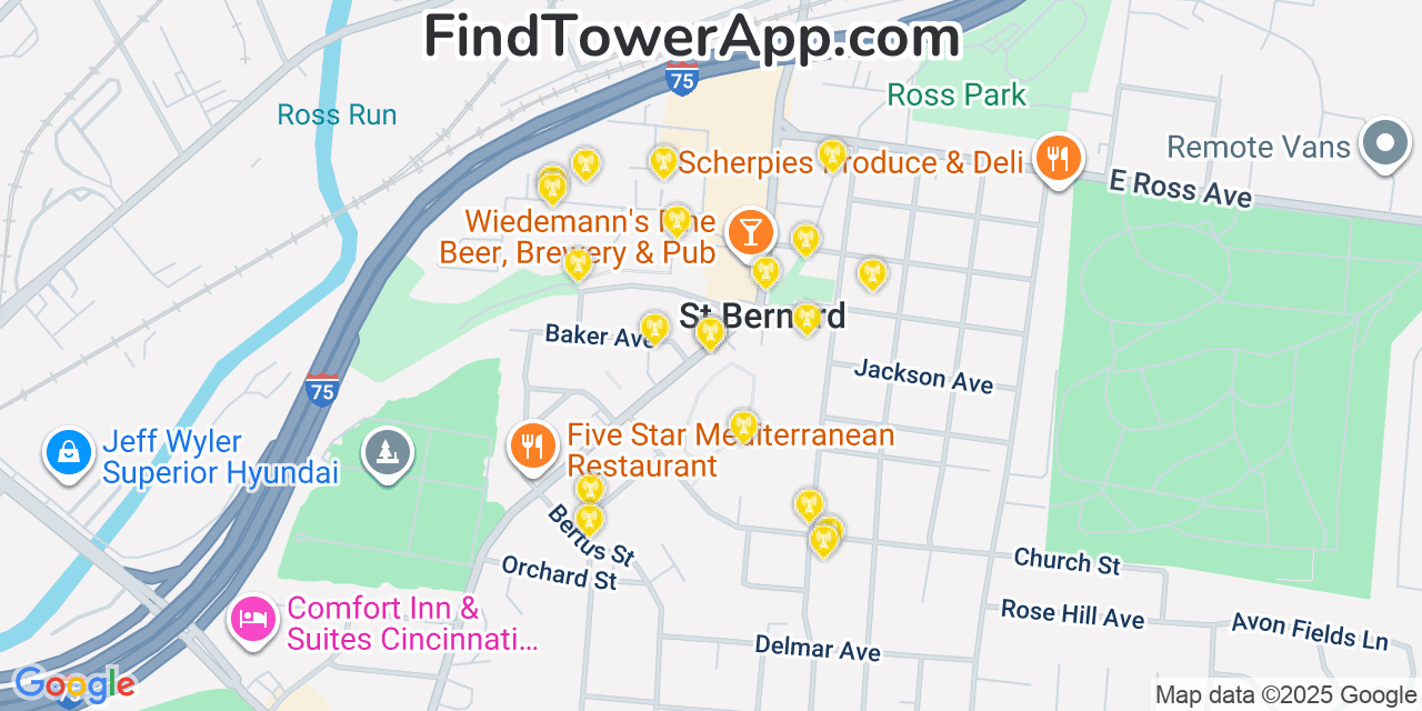 Map showing the 20 primary cell tower locations detected in Saint Bernard, Ohio from AT&T, Verizon, and T-Mobile networks