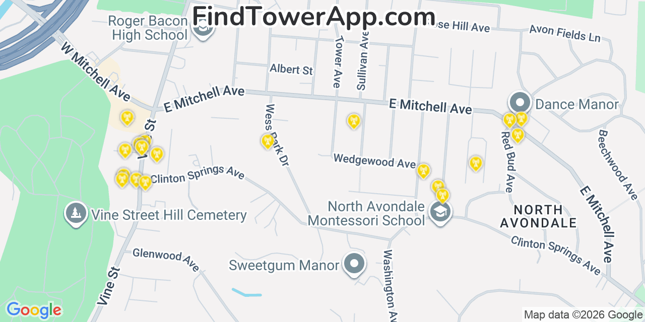 Map showing the 20 primary cell tower locations detected in Saint Bernard, Ohio from AT&T, Verizon, and T-Mobile networks