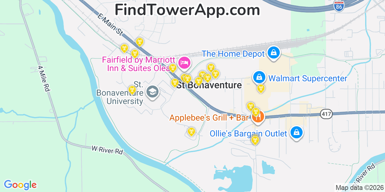 Map showing the 20 primary cell tower locations detected in Saint Bonaventure, New York from AT&T, Verizon, and T-Mobile networks