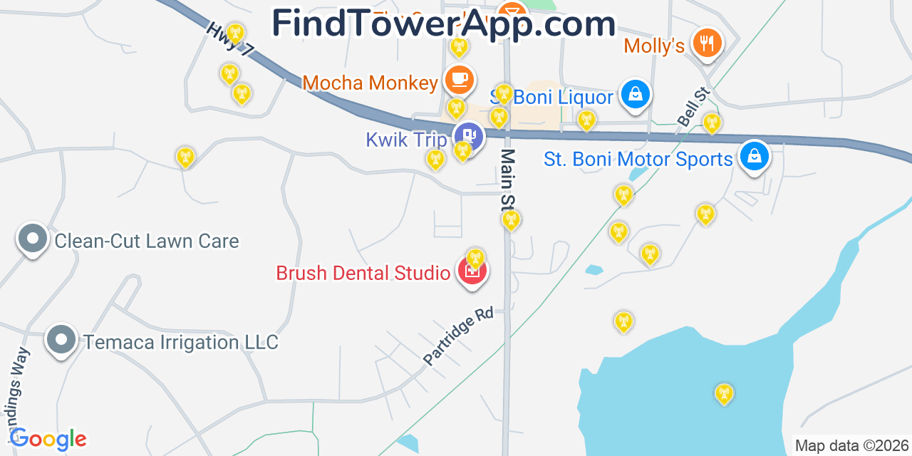 Map showing the 20 primary cell tower locations detected in Saint Bonifacius, Minnesota from AT&T, Verizon, and T-Mobile networks