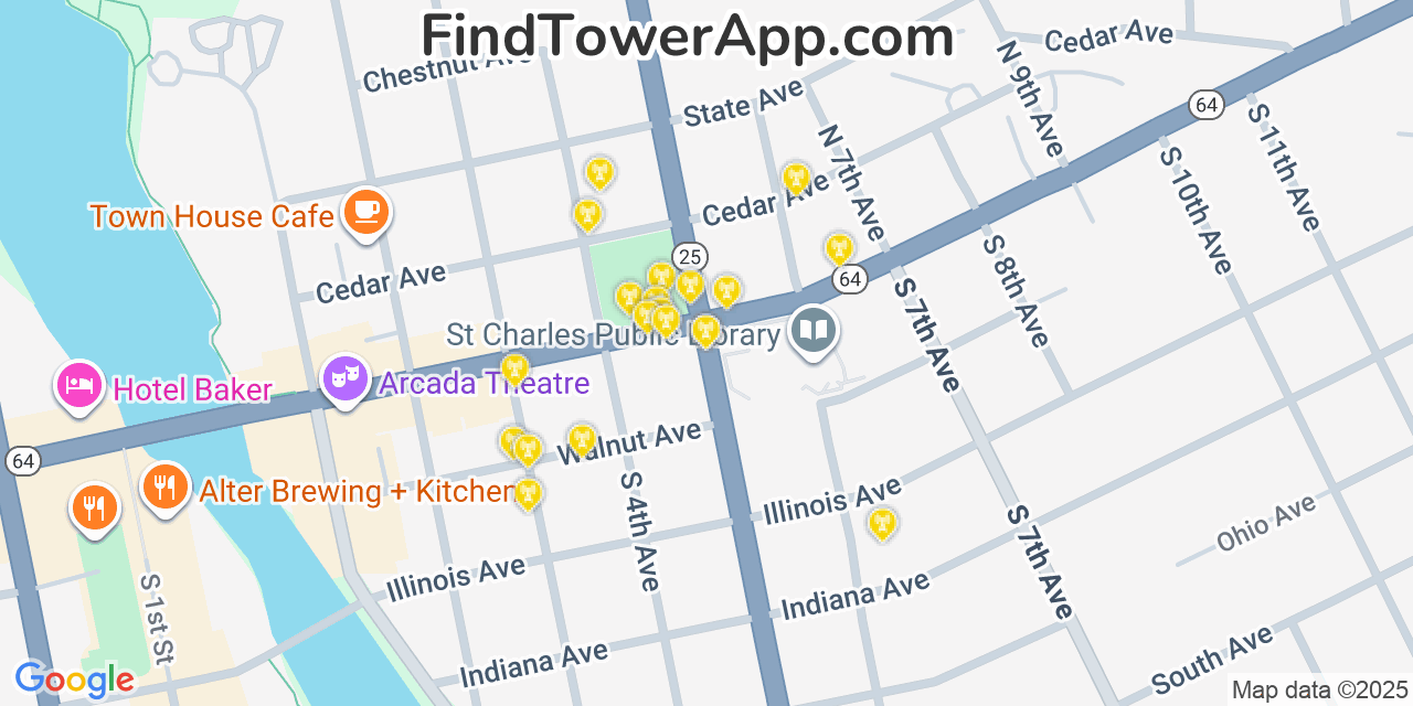 Map showing the 20 primary cell tower locations detected in Saint Charles, Illinois from AT&T, Verizon, and T-Mobile networks