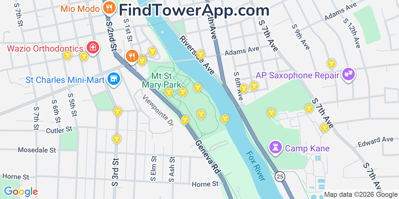 Map showing the 20 primary cell tower locations detected in Saint Charles, Illinois from AT&T, Verizon, and T-Mobile networks