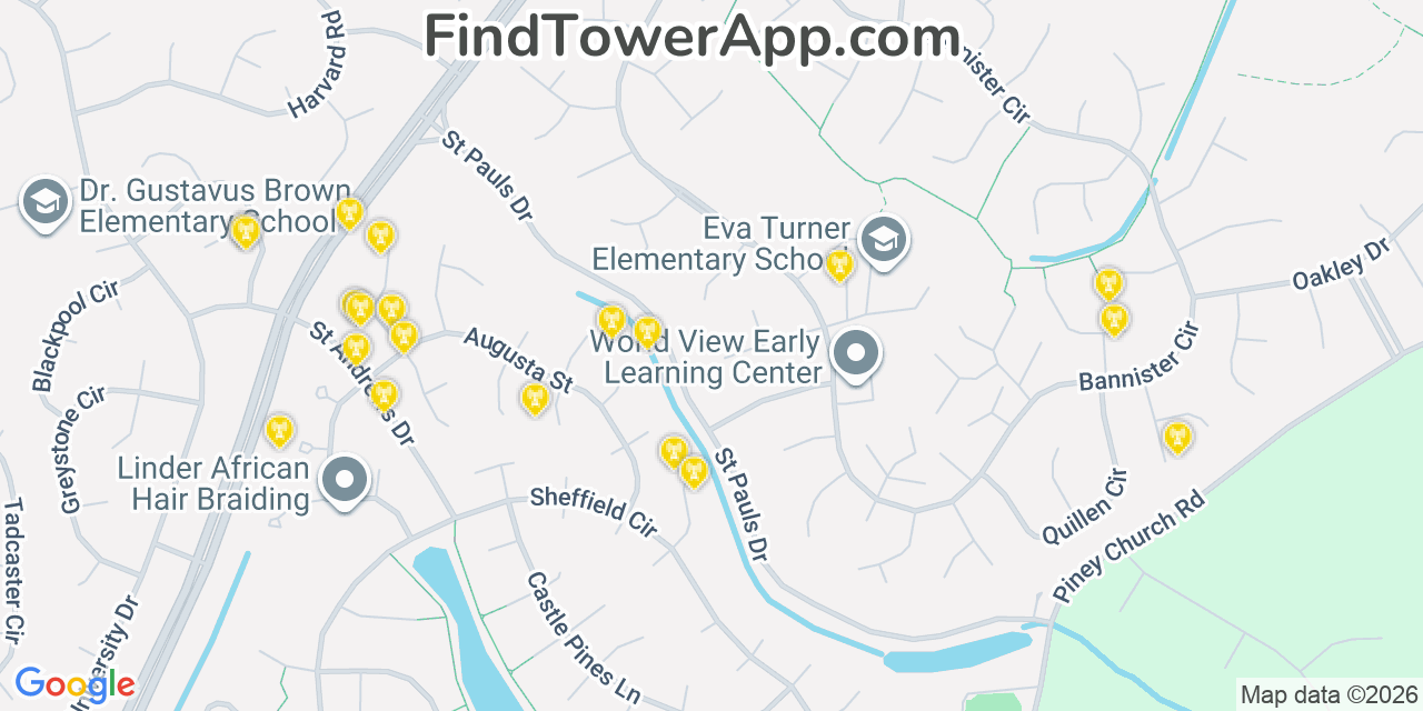 Map showing the 20 primary cell tower locations detected in Saint Charles, Maryland from AT&T, Verizon, and T-Mobile networks