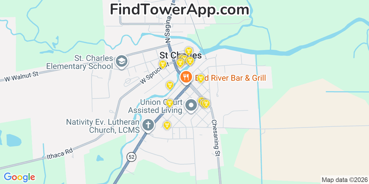 Map showing the 20 primary cell tower locations detected in Saint Charles, Michigan from AT&T, Verizon, and T-Mobile networks