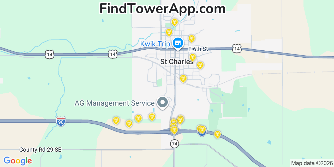 Map showing the 20 primary cell tower locations detected in Saint Charles, Minnesota from AT&T, Verizon, and T-Mobile networks