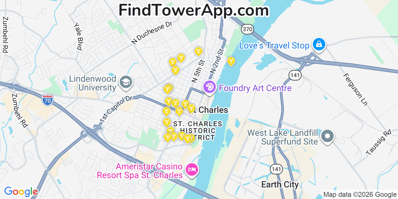 Map showing the 20 primary cell tower locations detected in Saint Charles, Missouri from AT&T, Verizon, and T-Mobile networks