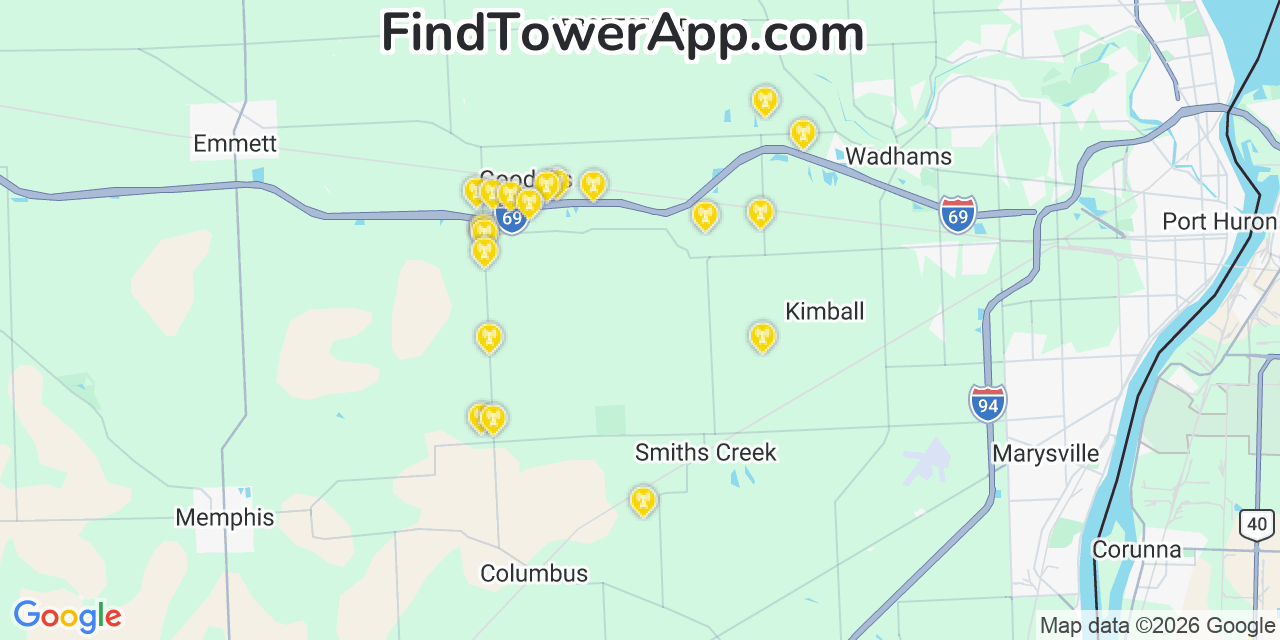 Map showing the 20 primary cell tower locations detected in Saint Clair, Michigan from AT&T, Verizon, and T-Mobile networks