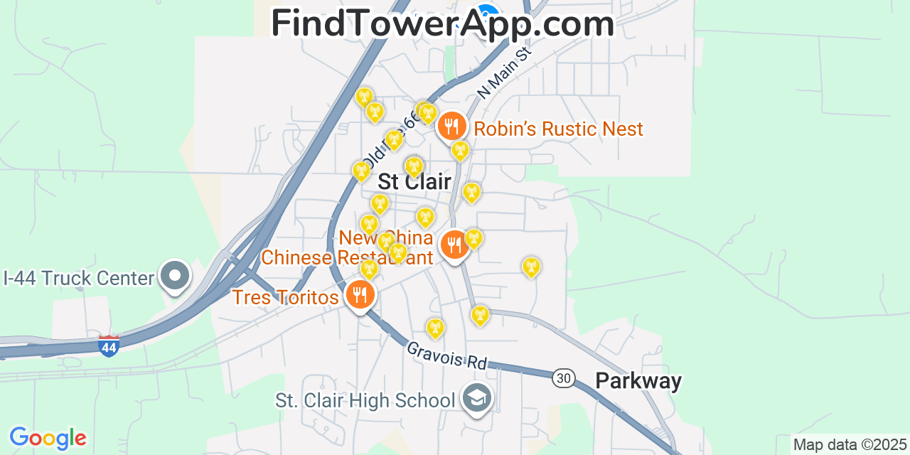 Map showing the 20 primary cell tower locations detected in Saint Clair, Missouri from AT&T, Verizon, and T-Mobile networks