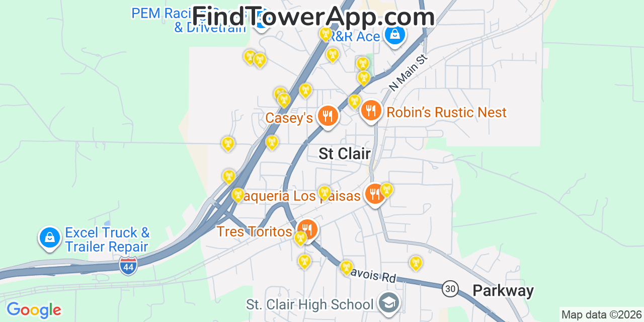 Map showing the 20 primary cell tower locations detected in Saint Clair, Missouri from AT&T, Verizon, and T-Mobile networks