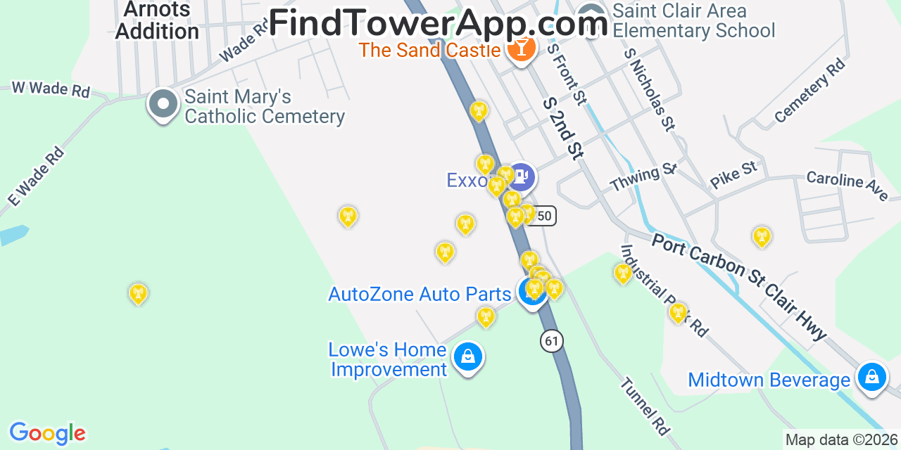 Map showing the 20 primary cell tower locations detected in Saint Clair, Pennsylvania from AT&T, Verizon, and T-Mobile networks