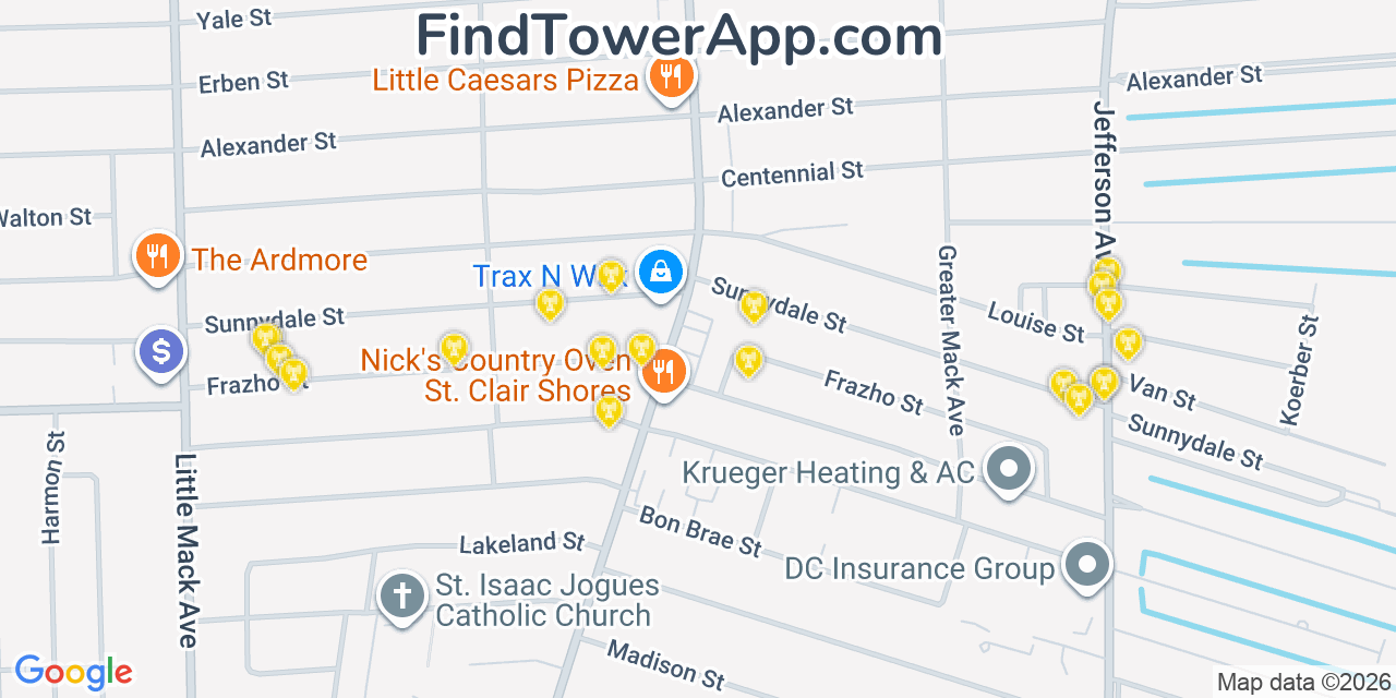 Map showing the 20 primary cell tower locations detected in Saint Clair Shores, Michigan from AT&T, Verizon, and T-Mobile networks