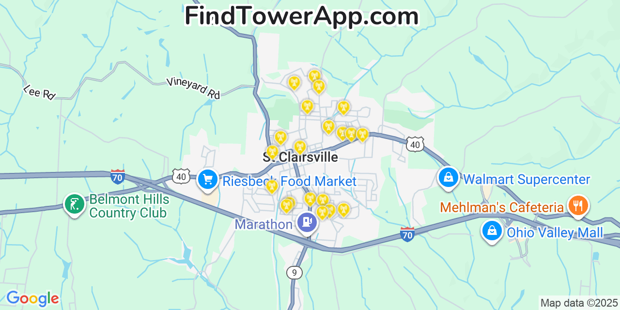 Map showing the 20 primary cell tower locations detected in Saint Clairsville, Ohio from AT&T, Verizon, and T-Mobile networks