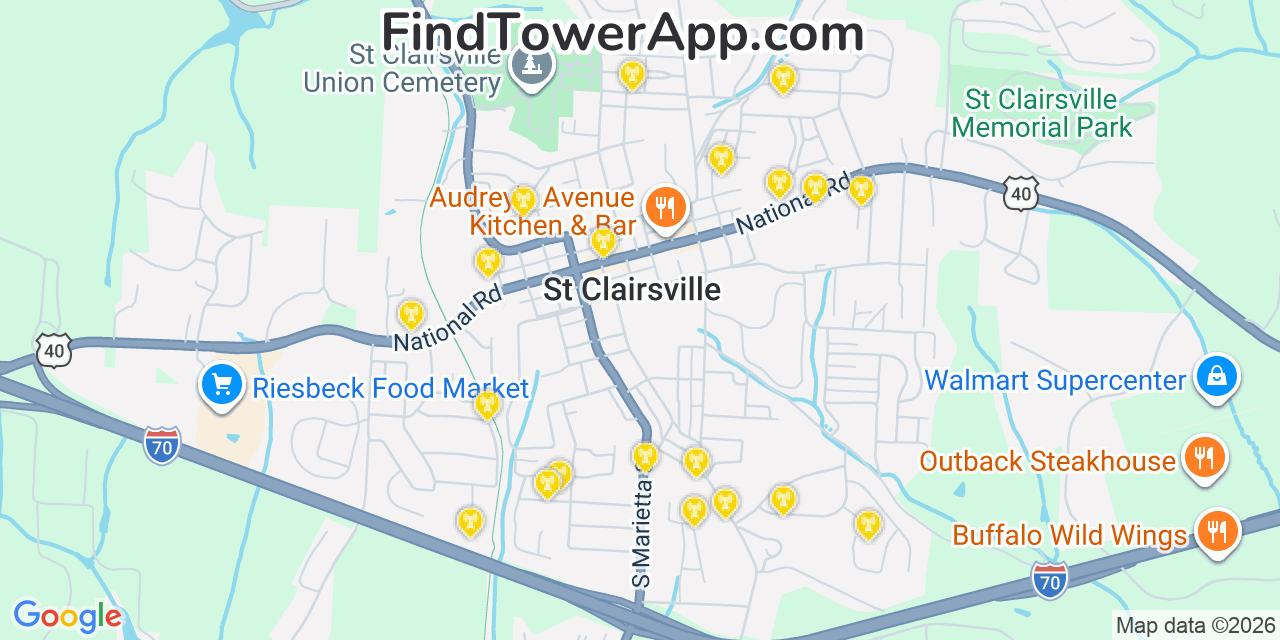 Map showing the 20 primary cell tower locations detected in Saint Clairsville, Ohio from AT&T, Verizon, and T-Mobile networks