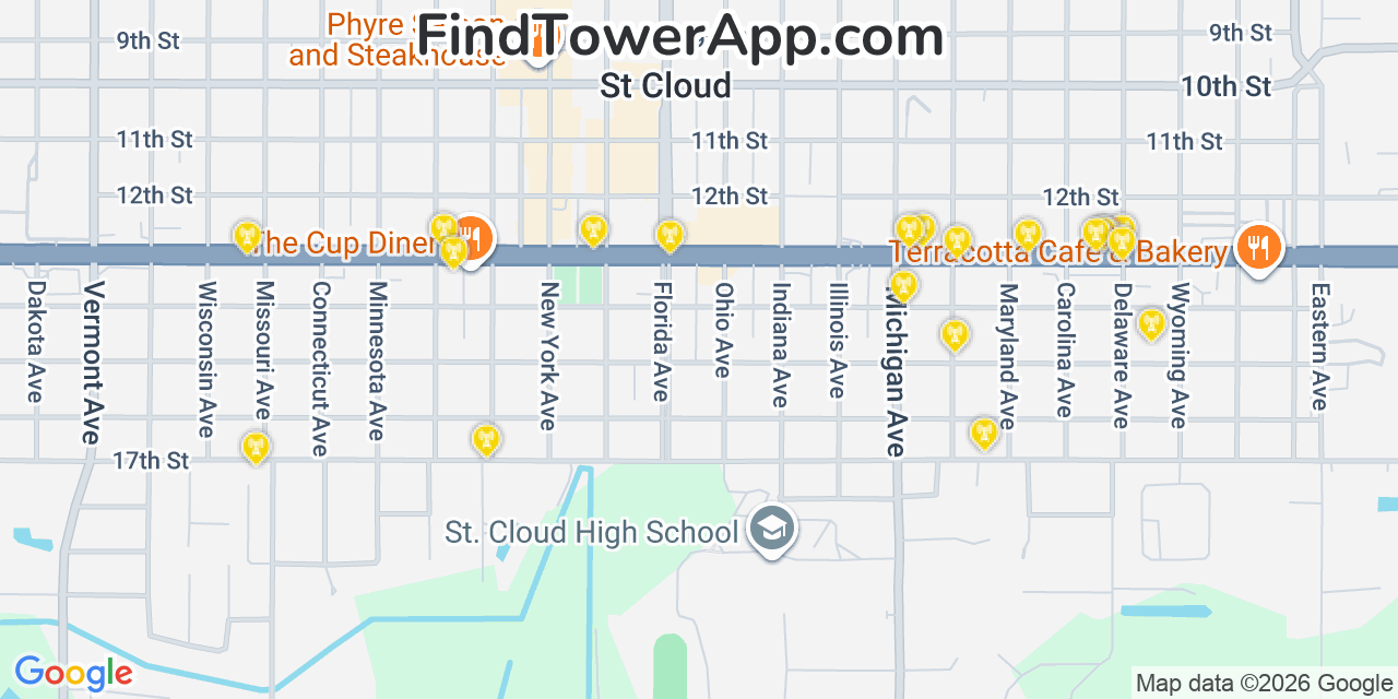 Map showing the 20 primary cell tower locations detected in Saint Cloud, Florida from AT&T, Verizon, and T-Mobile networks