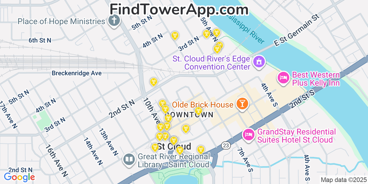 Map showing the 20 primary cell tower locations detected in Saint Cloud, Minnesota from AT&T, Verizon, and T-Mobile networks