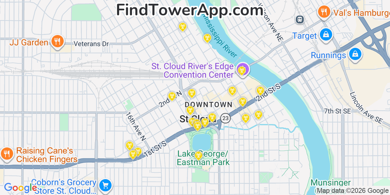 Map showing the 20 primary cell tower locations detected in Saint Cloud, Minnesota from AT&T, Verizon, and T-Mobile networks