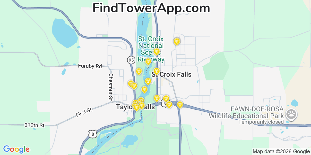 Map showing the 20 primary cell tower locations detected in Saint Croix Falls, Wisconsin from AT&T, Verizon, and T-Mobile networks