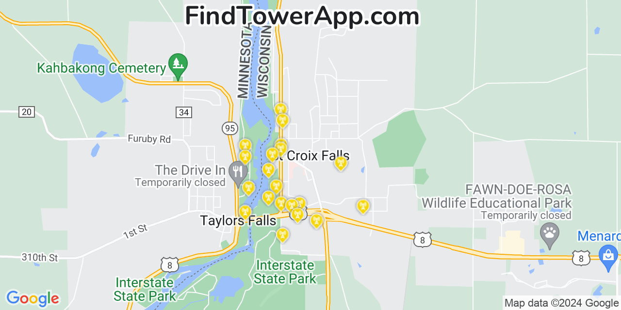 Verizon 4G/5G cell tower coverage map Saint Croix Falls, Wisconsin