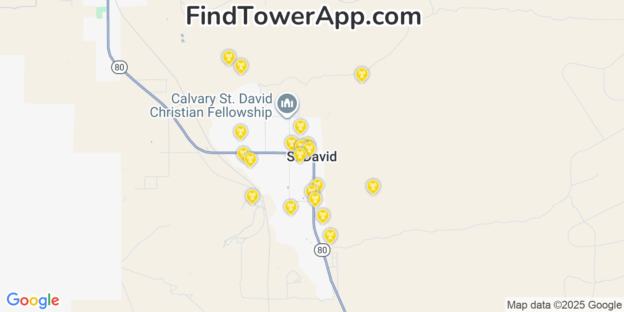Map showing the 20 primary cell tower locations detected in Saint David, Arizona from AT&T, Verizon, and T-Mobile networks