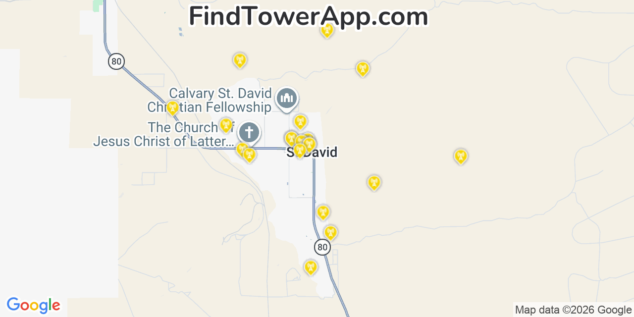 Map showing the 20 primary cell tower locations detected in Saint David, Arizona from AT&T, Verizon, and T-Mobile networks