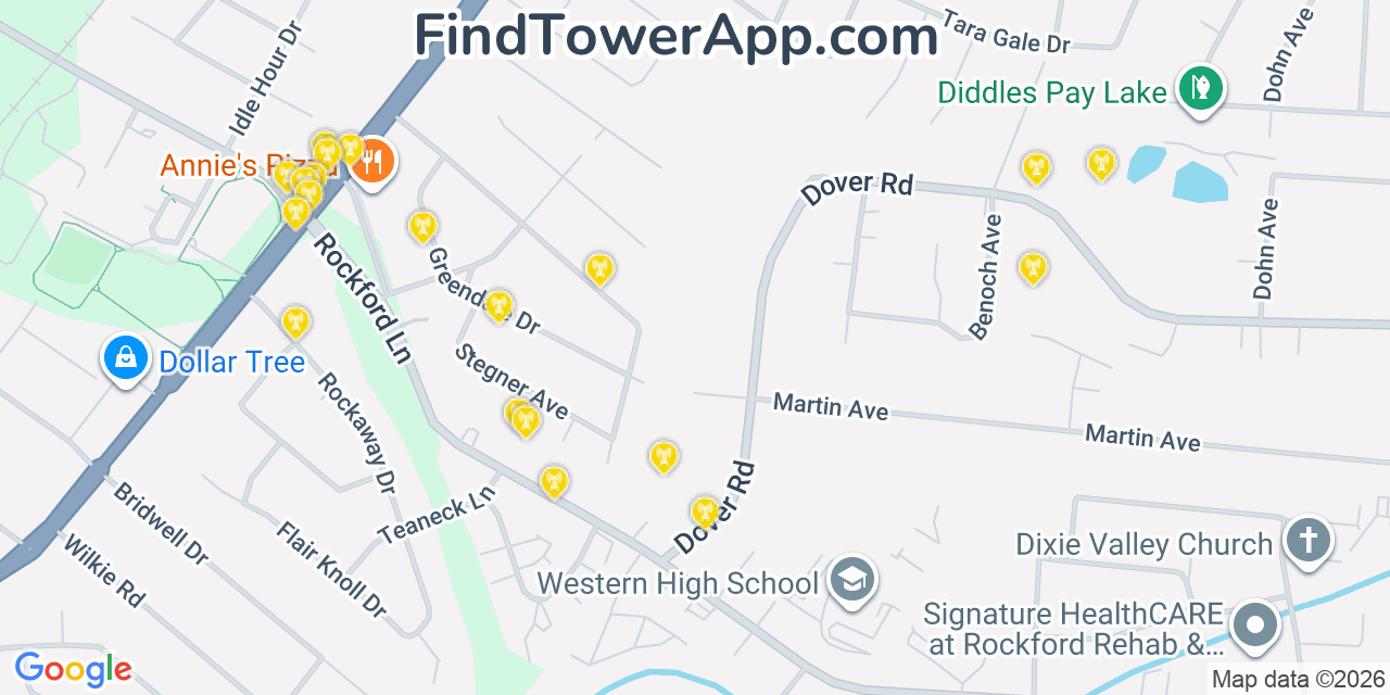 Map showing the 20 primary cell tower locations detected in Saint Dennis, Kentucky from AT&T, Verizon, and T-Mobile networks