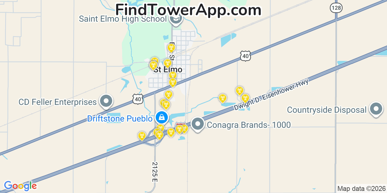 Map showing the 20 primary cell tower locations detected in Saint Elmo, Illinois from AT&T, Verizon, and T-Mobile networks