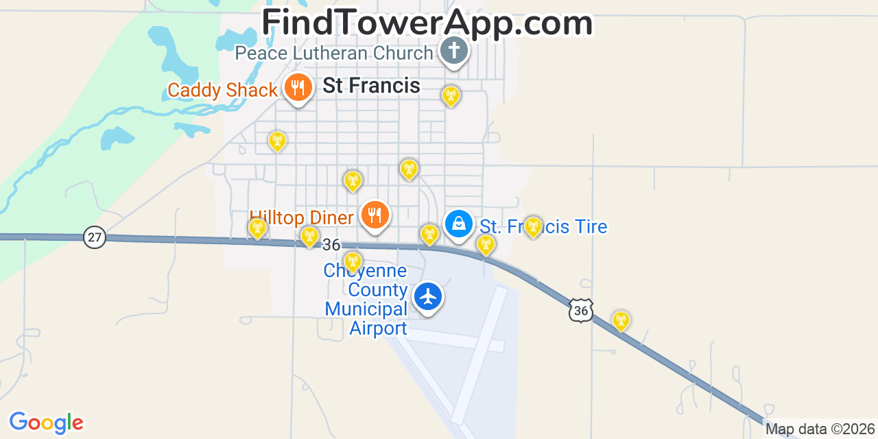 Map showing the 20 primary cell tower locations detected in Saint Francis, Kansas from AT&T, Verizon, and T-Mobile networks