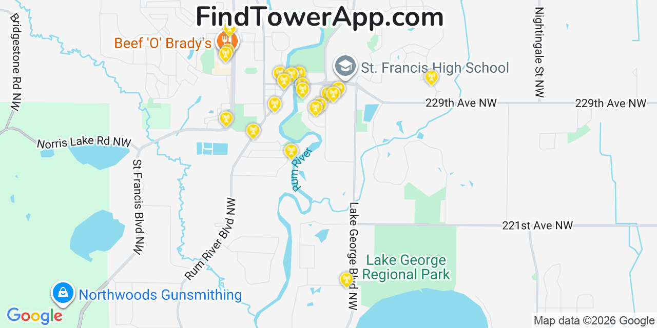 Map showing the 20 primary cell tower locations detected in Saint Francis, Minnesota from AT&T, Verizon, and T-Mobile networks