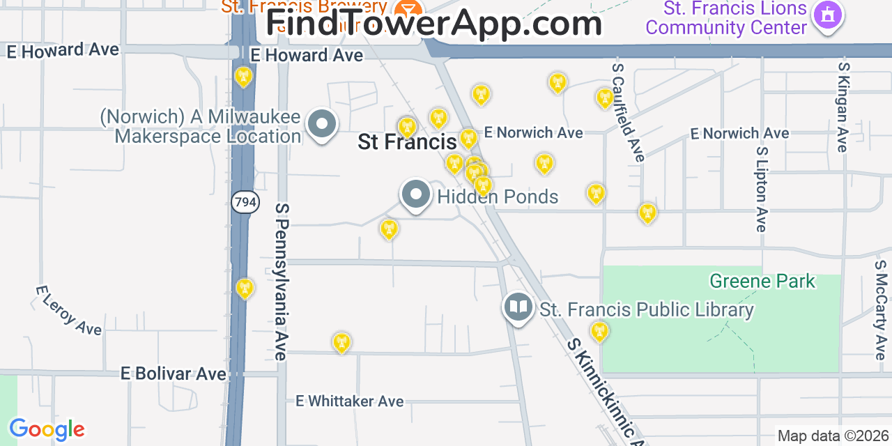 Map showing the 20 primary cell tower locations detected in Saint Francis, Wisconsin from AT&T, Verizon, and T-Mobile networks