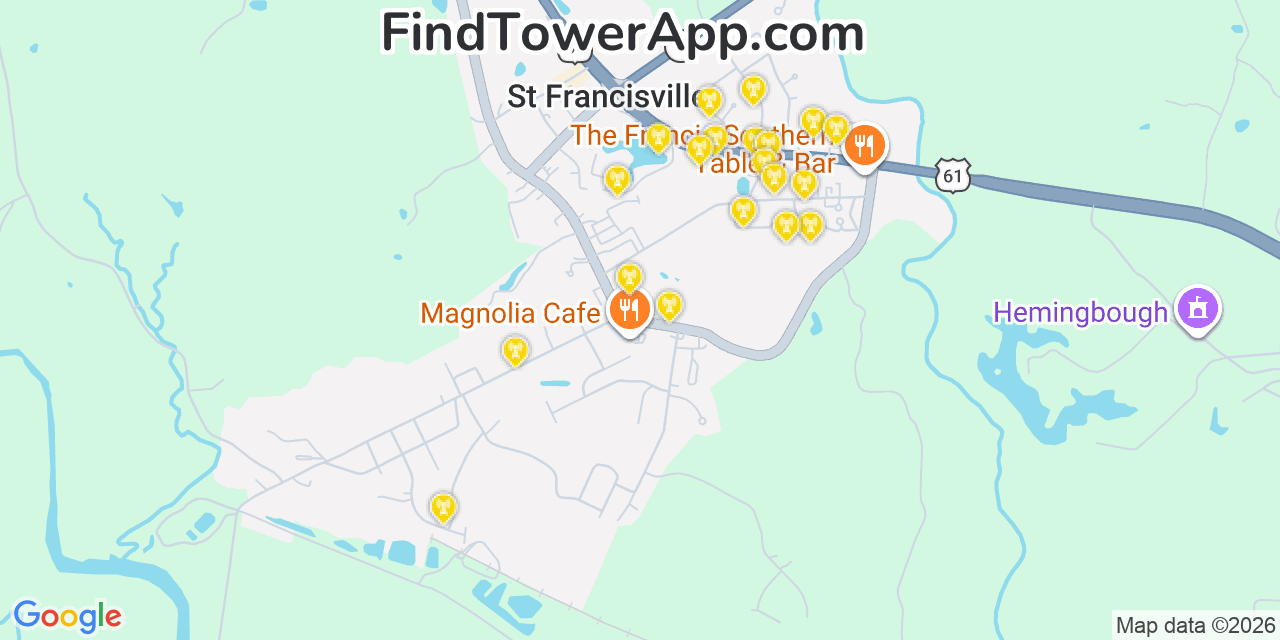 Map showing the 20 primary cell tower locations detected in Saint Francisville, Louisiana from AT&T, Verizon, and T-Mobile networks