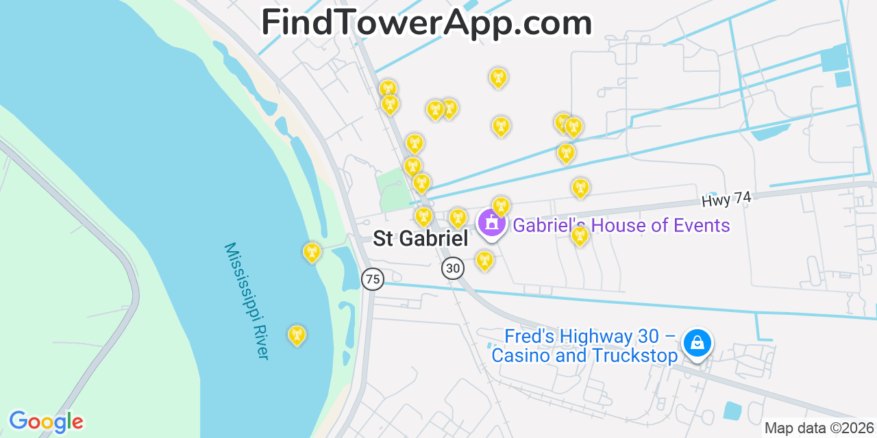 Map showing the 20 primary cell tower locations detected in Saint Gabriel, Louisiana from AT&T, Verizon, and T-Mobile networks