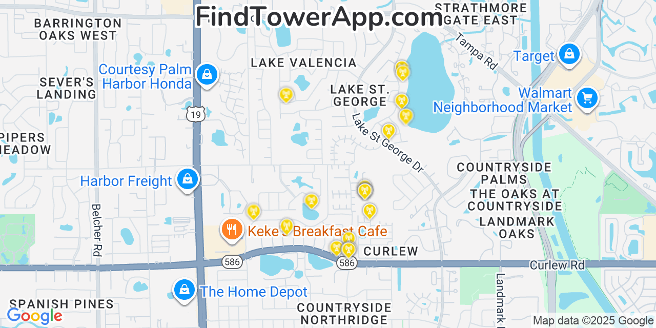 Map showing the 20 primary cell tower locations detected in Saint George, Florida from AT&T, Verizon, and T-Mobile networks
