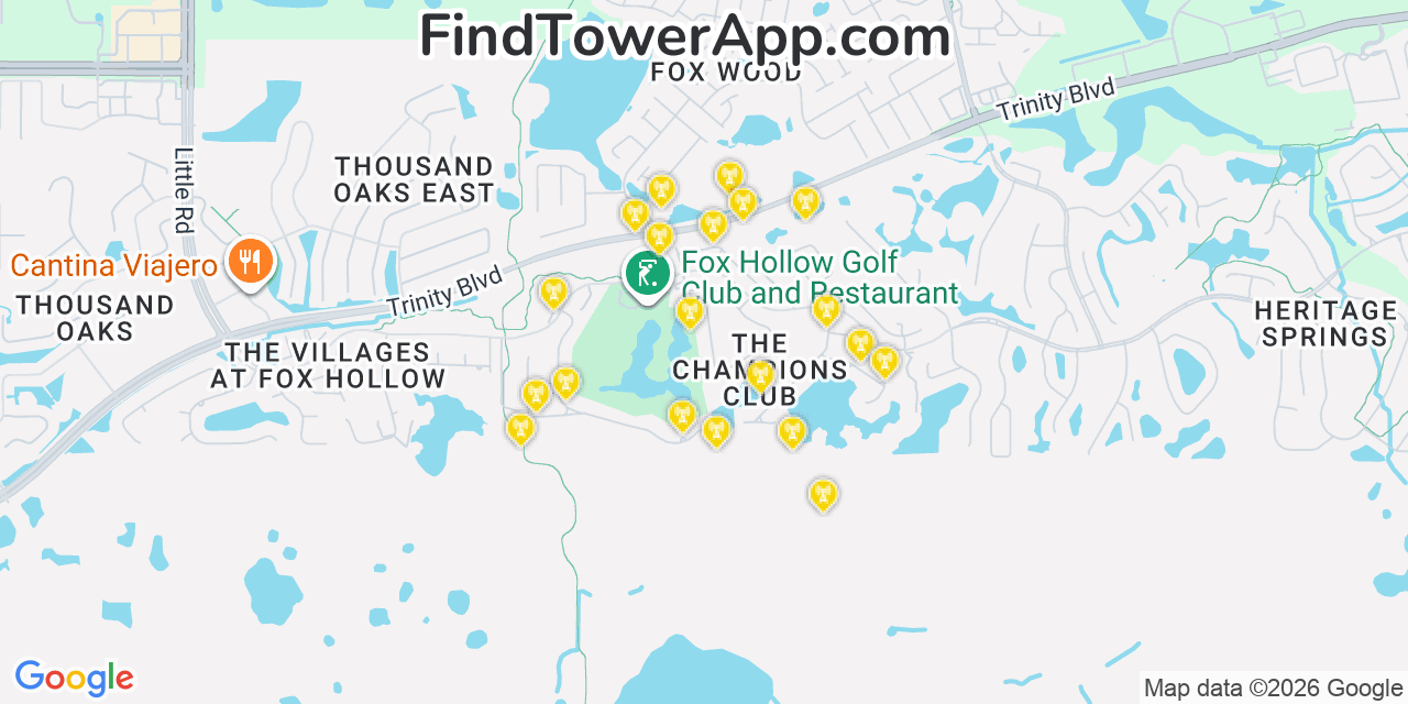 Map showing the 20 primary cell tower locations detected in Saint George, Florida from AT&T, Verizon, and T-Mobile networks