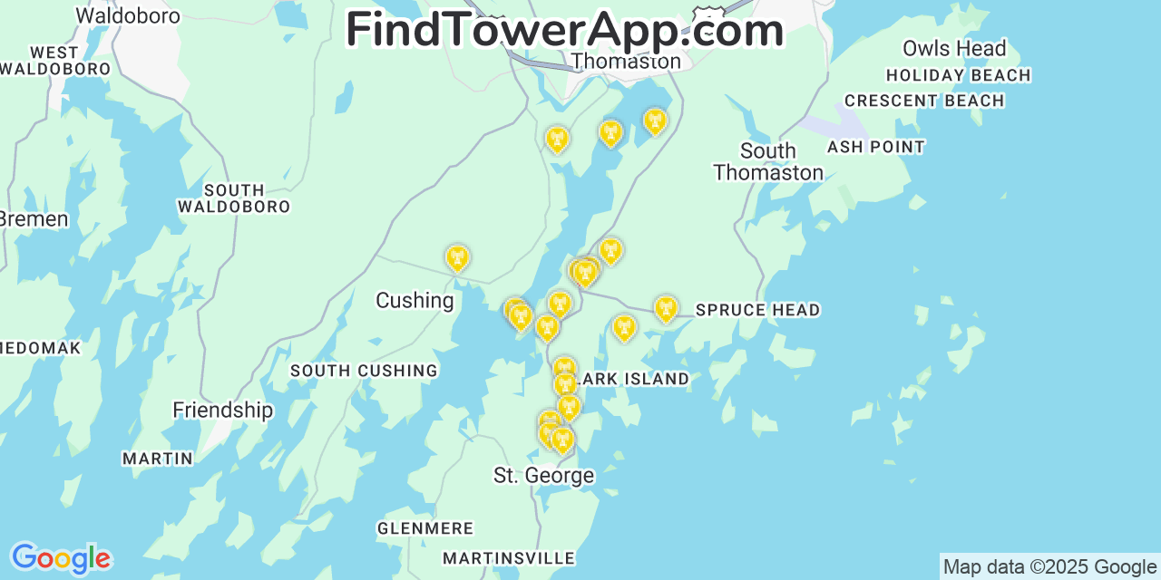 Map showing the 20 primary cell tower locations detected in Saint George, Maine from AT&T, Verizon, and T-Mobile networks
