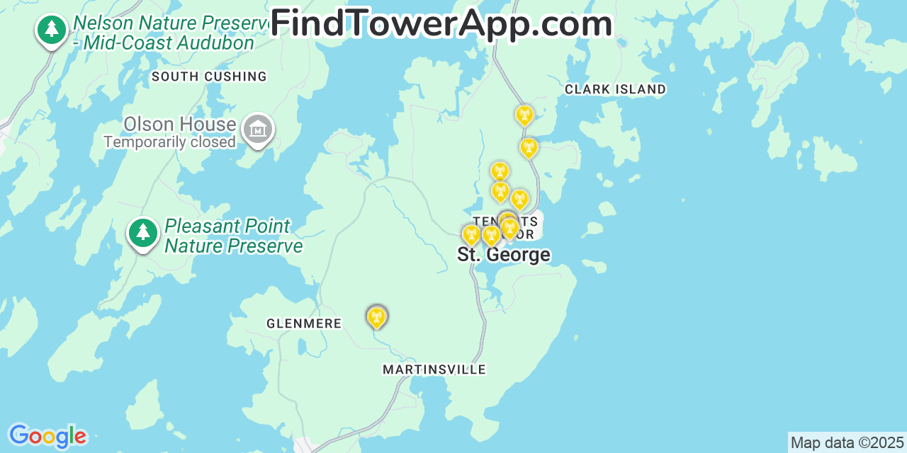 Map showing the 20 primary cell tower locations detected in Saint George, Maine from AT&T, Verizon, and T-Mobile networks