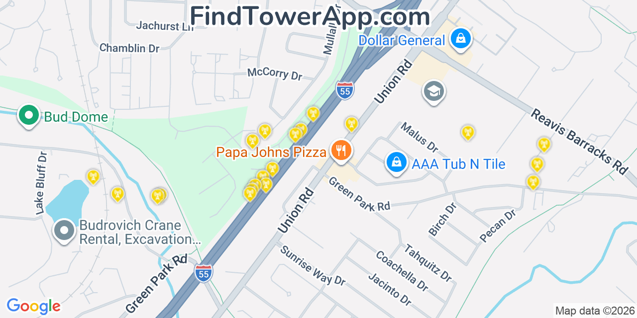 Map showing the 20 primary cell tower locations detected in Saint George, Missouri from AT&T, Verizon, and T-Mobile networks