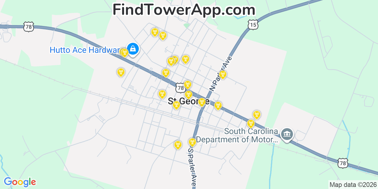 Map showing the 20 primary cell tower locations detected in Saint George, South Carolina from AT&T, Verizon, and T-Mobile networks