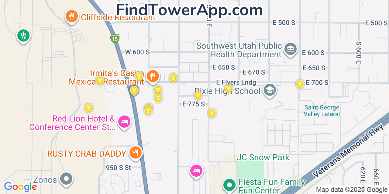 Map showing the 20 primary cell tower locations detected in Saint George, Utah from AT&T, Verizon, and T-Mobile networks
