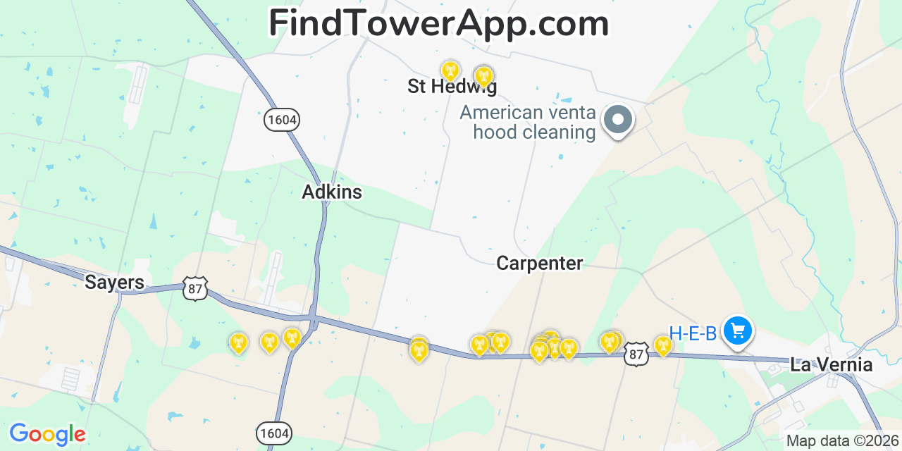 Map showing the 20 primary cell tower locations detected in Saint Hedwig, Texas from AT&T, Verizon, and T-Mobile networks