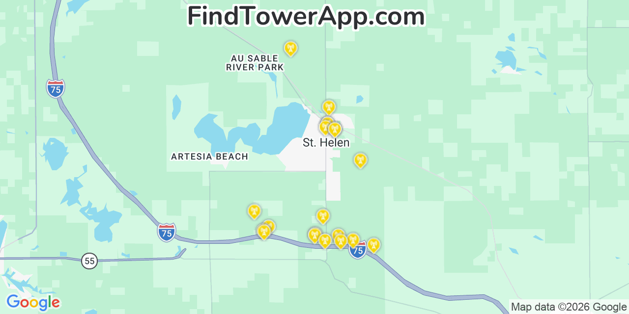 Map showing the 20 primary cell tower locations detected in Saint Helen, Michigan from AT&T, Verizon, and T-Mobile networks