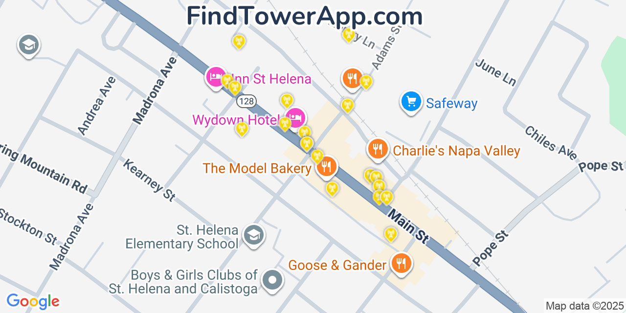 Map showing the 20 primary cell tower locations detected in Saint Helena, California from AT&T, Verizon, and T-Mobile networks