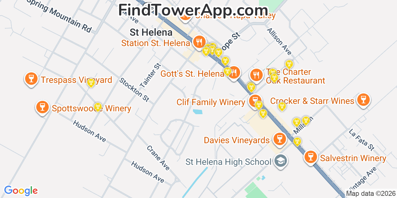 Map showing the 20 primary cell tower locations detected in Saint Helena, California from AT&T, Verizon, and T-Mobile networks