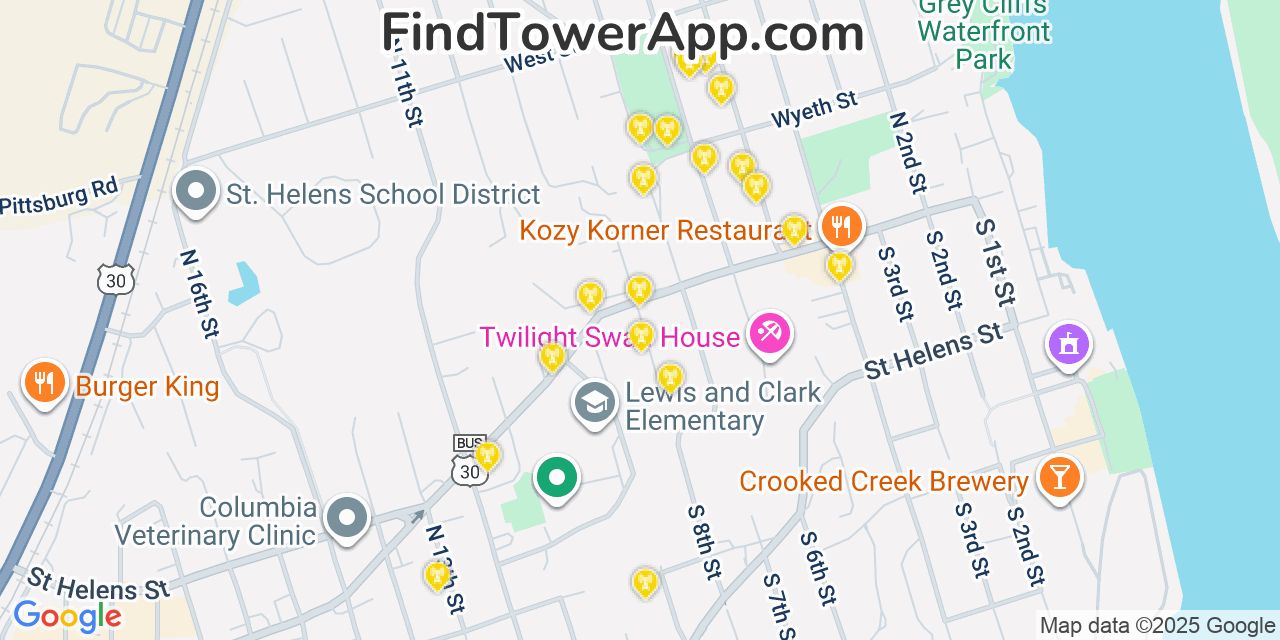 Map showing the 20 primary cell tower locations detected in Saint Helens, Oregon from AT&T, Verizon, and T-Mobile networks