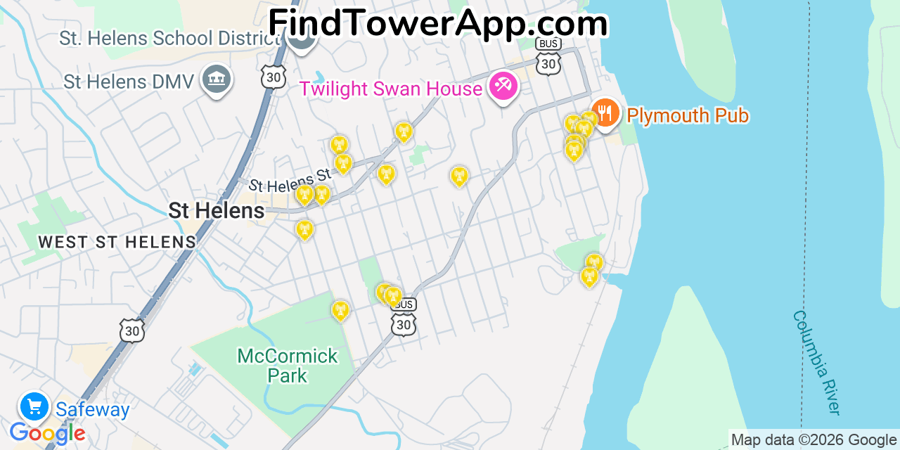 Map showing the 20 primary cell tower locations detected in Saint Helens, Oregon from AT&T, Verizon, and T-Mobile networks