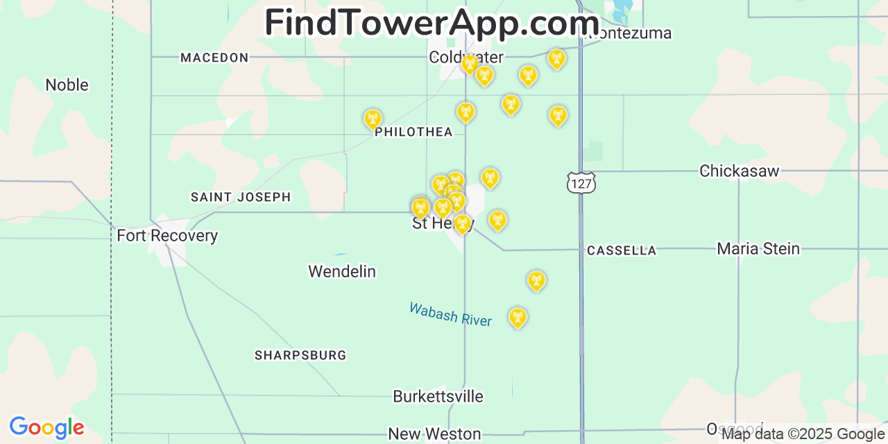 Map showing the 20 primary cell tower locations detected in Saint Henry, Ohio from AT&T, Verizon, and T-Mobile networks