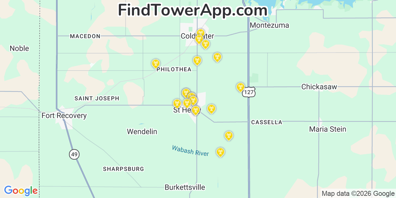 Map showing the 20 primary cell tower locations detected in Saint Henry, Ohio from AT&T, Verizon, and T-Mobile networks