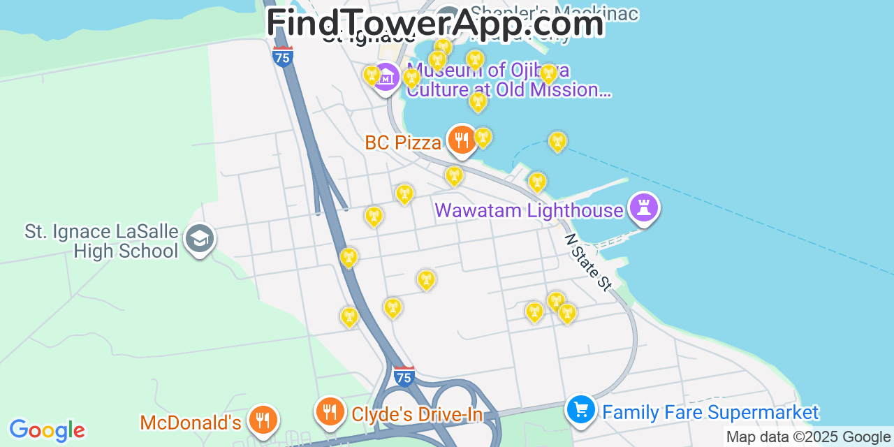 Map showing the 20 primary cell tower locations detected in Saint Ignace, Michigan from AT&T, Verizon, and T-Mobile networks